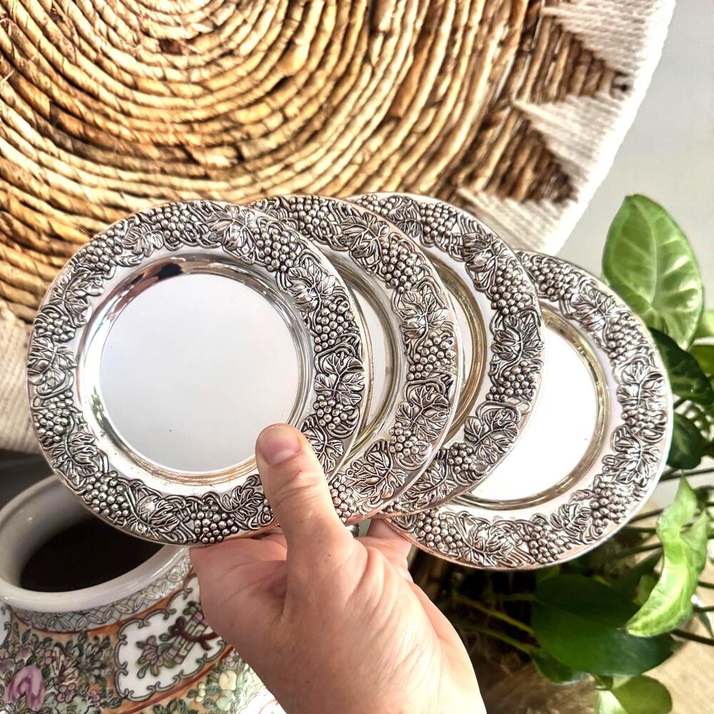 Set of 4 Vintage Ornate Godinger Silverplate Coasters, Butter Plates (4)